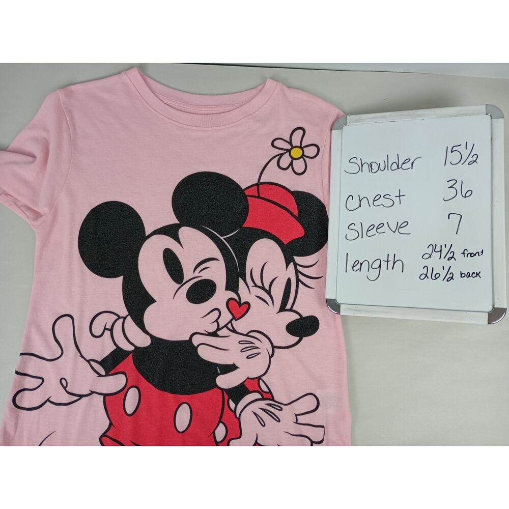 Disney Juniors L Pink Mickey Minnie Mouse Love Kiss Hug Graphic Tshirt - Picture 4 of 8